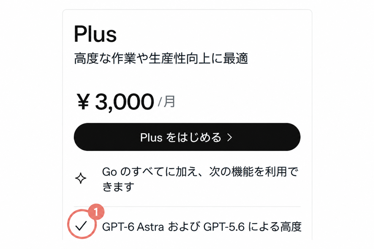 ChatGPT公式料金ページのPlusプラン説明にGPT-6 Astraの記載
