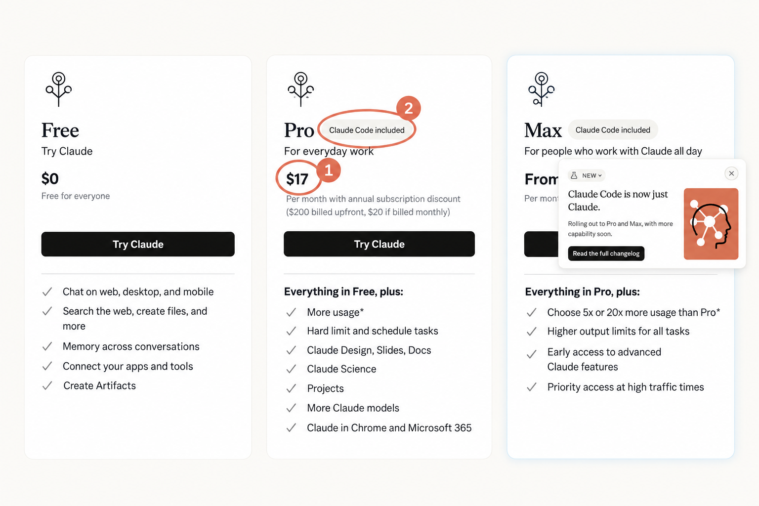 Claude公式料金ページのFree・Pro・Maxのプランカード