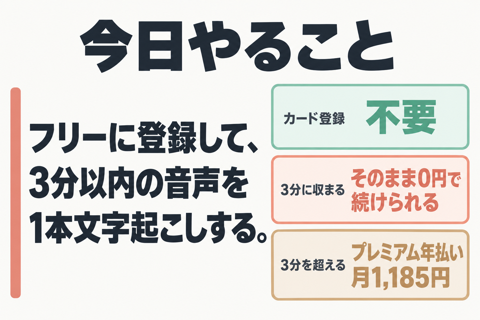 今日やること：フリー登録と3分以内の文字起こし