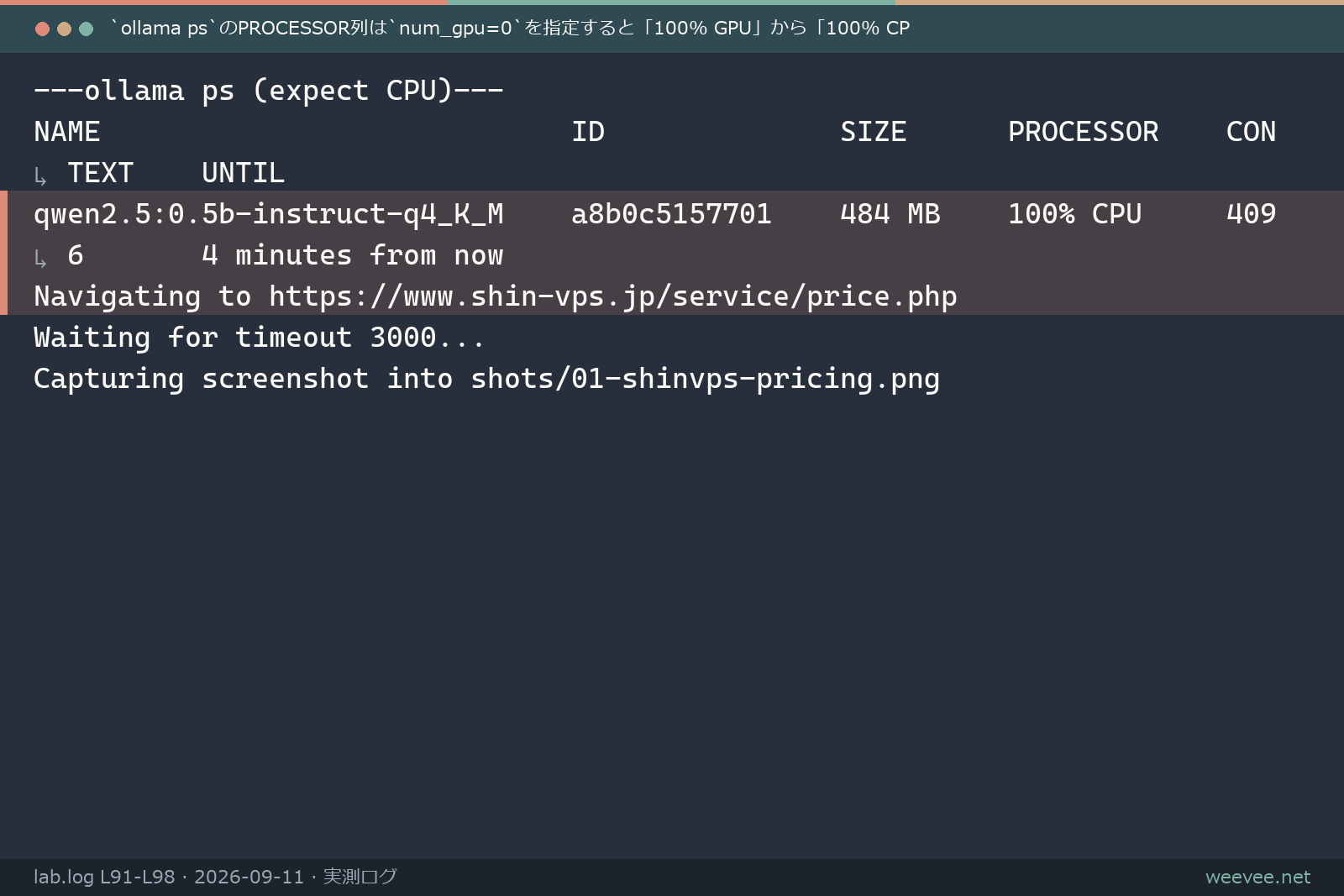 ollama psコマンドでPROCESSOR列がCPU表示に切り替わった実行結果