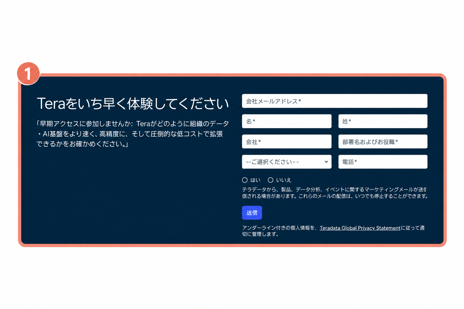 Tera製品ページの早期アクセス申し込みフォームのスクリーンショット