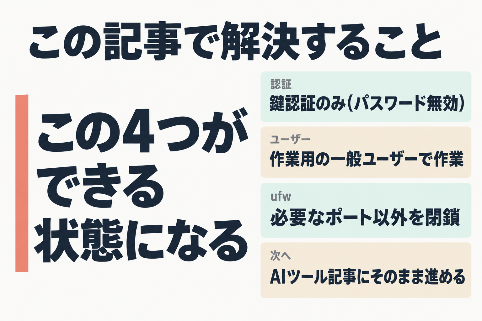 SSH鍵認証・作業ユーザー・ufw・次の記事へ、の4項目を示した図