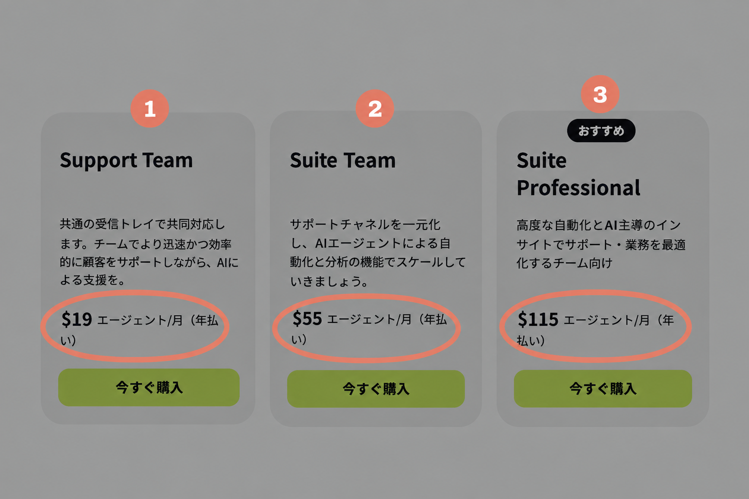 Zendesk公式料金ページのプランカード(Support Team $19・Suite Team $55・Suite Professional $115)